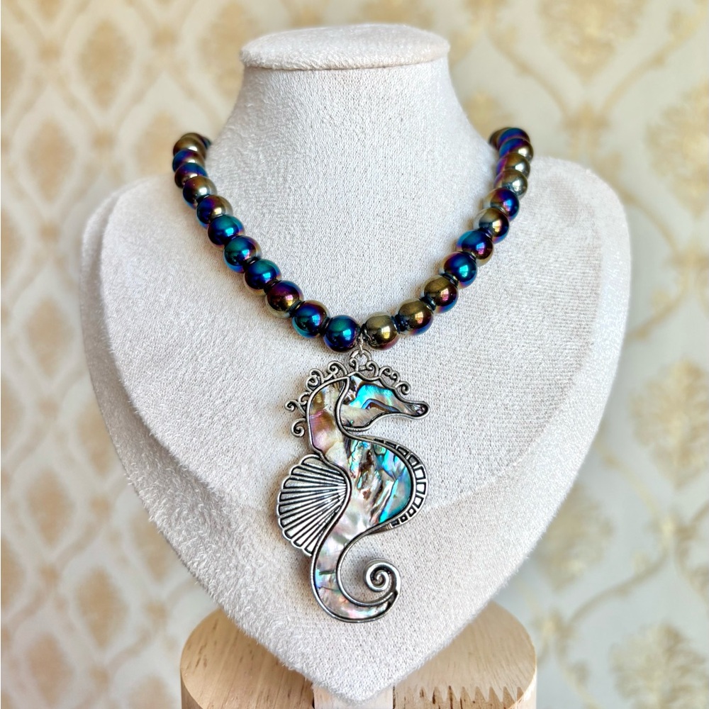 Seahorse Pendant Necklace with Iridescent Beads